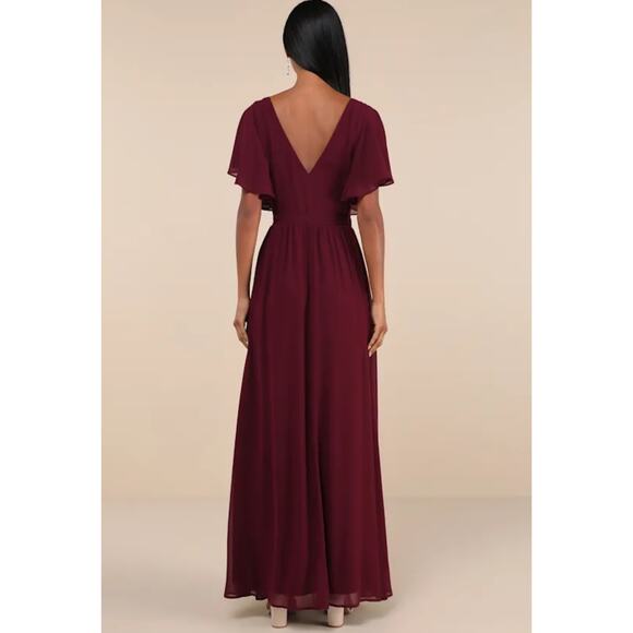 NEW Lulus Convincing Grace Burgundy Flutter Sleeve Wrap Maxi Dress - Picture 2 of 13